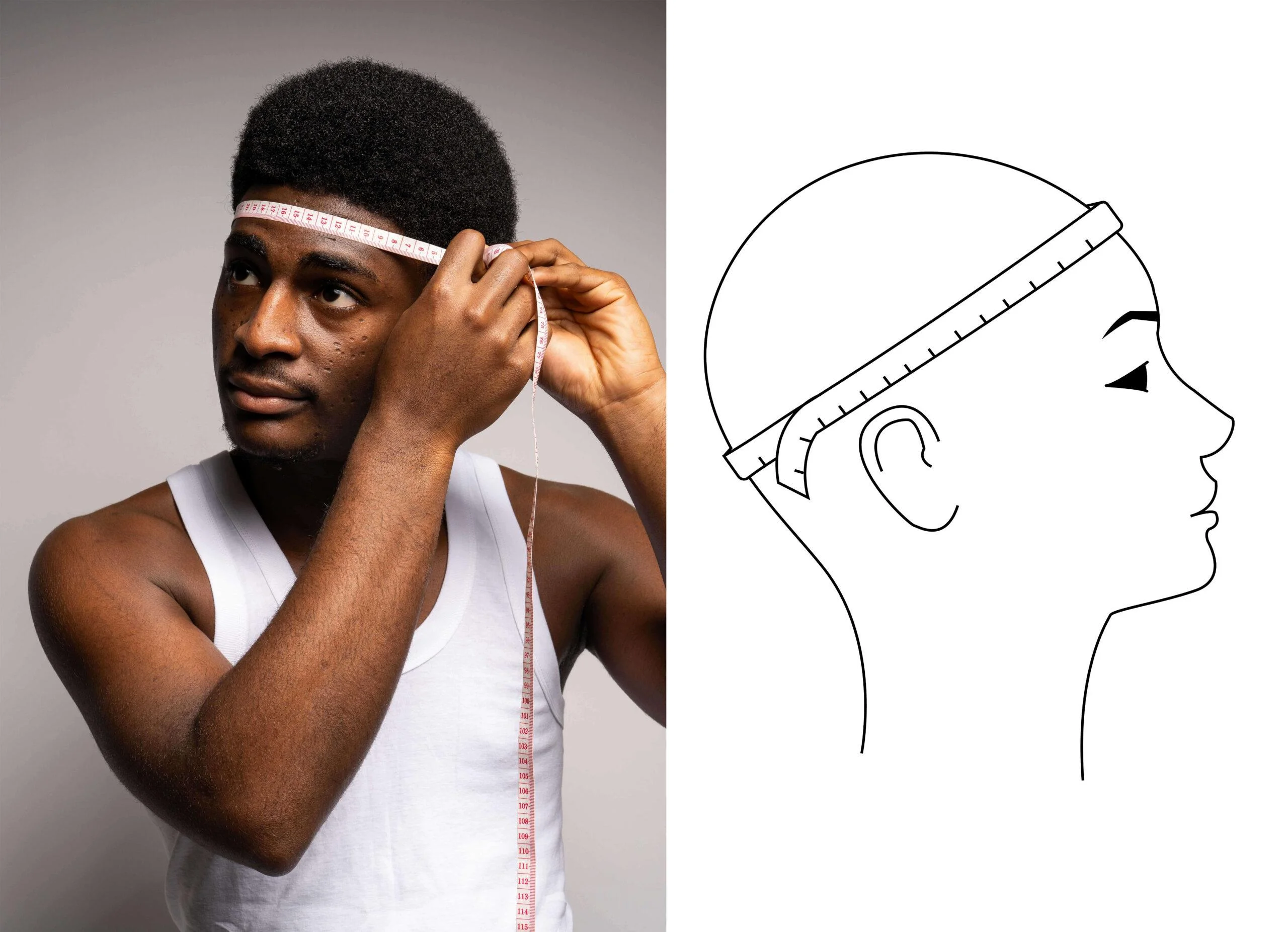 Homme mesurant son tour de tête avec un mètre ruban et schéma de prise de mesure pour choisir la taille d’un bonnet